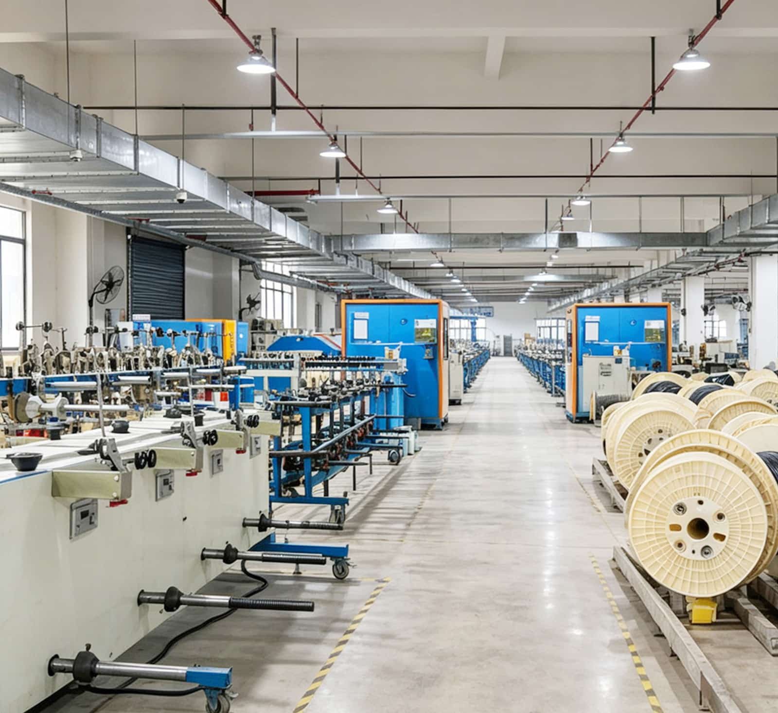 Interior view of Hulk Cable factory workshop showing rows of blue cable manufacturing machines and stacked wire spools on the right