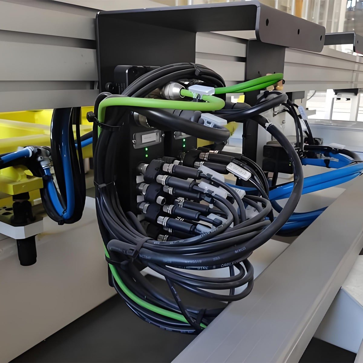 Hulk Cable high-density M8/M12 circular connector system integrated with Profinet remote IO module, featuring black shielded cables with green communication lines and blue pneumatic tubes, designed for reliable fieldbus connectivity in harsh industrial automation environments