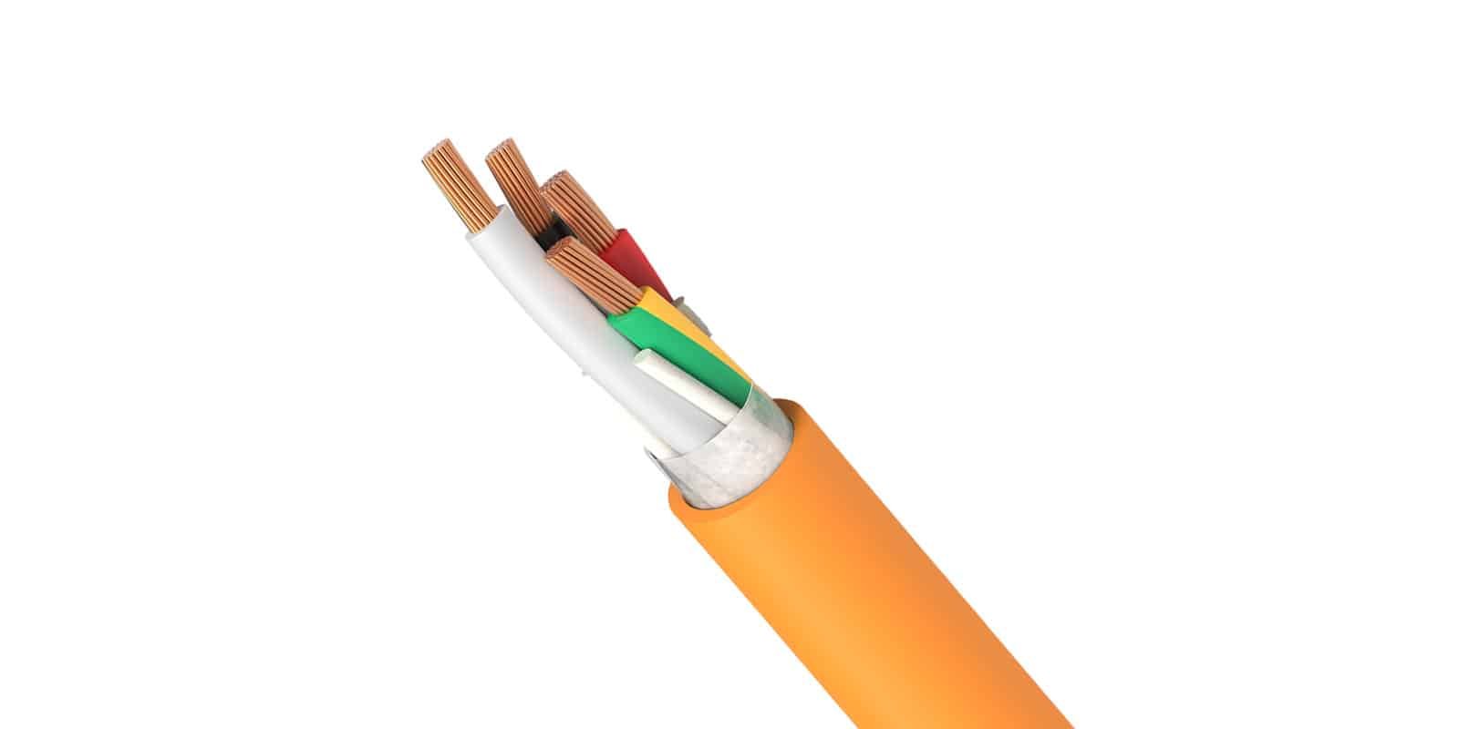 Hulk Cable servo power cable cross-section showing multi-strand copper conductors with color-coded insulation, shielding layer, and orange outer jacket for industrial automation