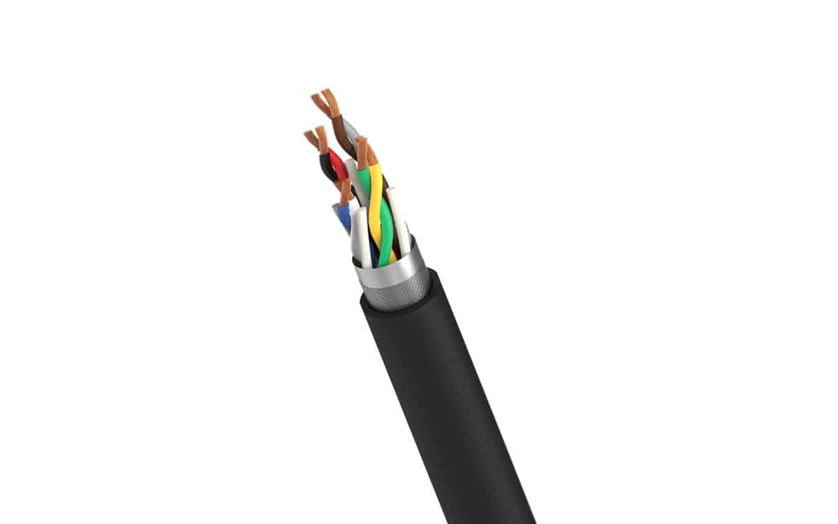 Hulk Cable high-flex multi-core shielded cable cross-section, featuring color-coded insulated conductors with braided metallic shielding for EMI-resistant signal transmission in industrial automation and robotics