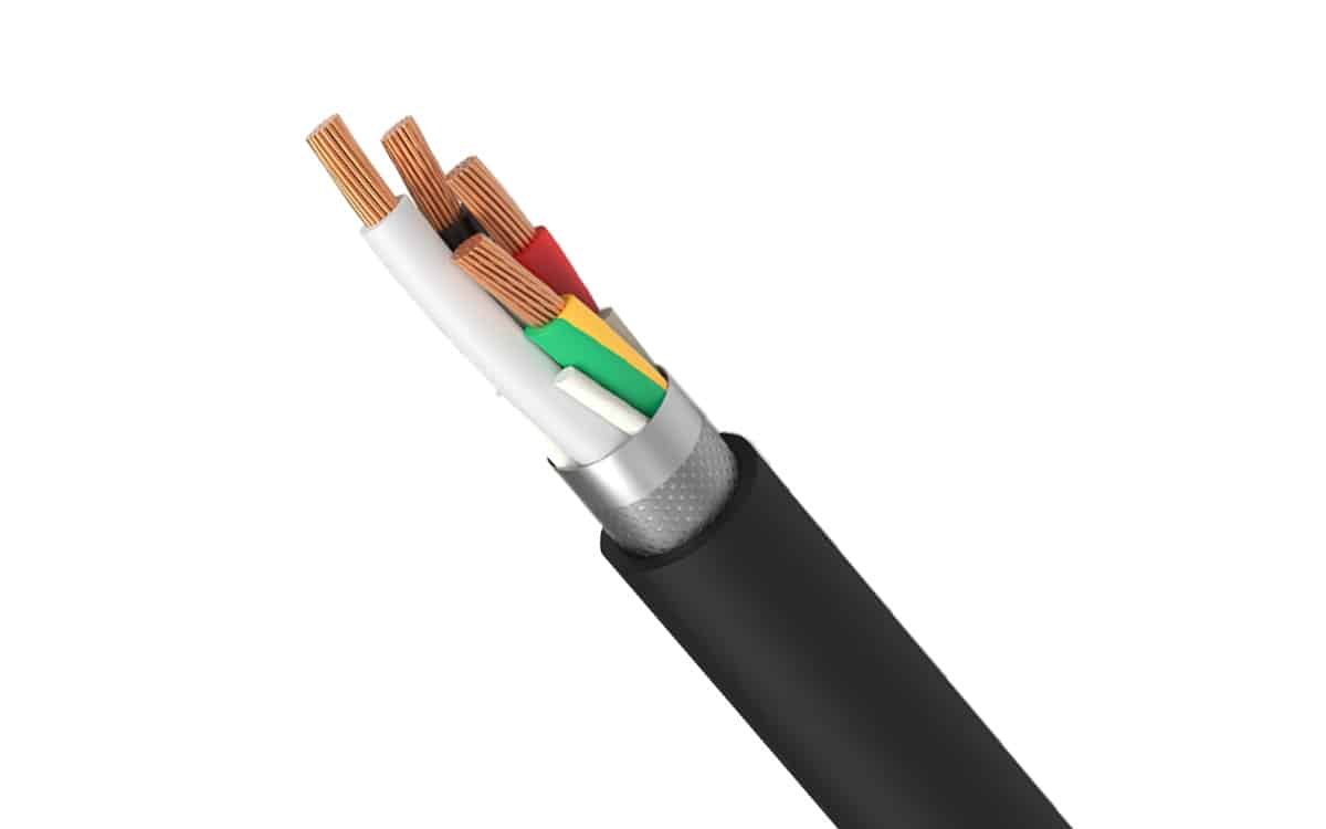 Hulk Cable high-flex shielded power cable cross-section showing multi-strand copper conductors with color-coded insulation, braided shielding layer, and black outer jacket for industrial automation