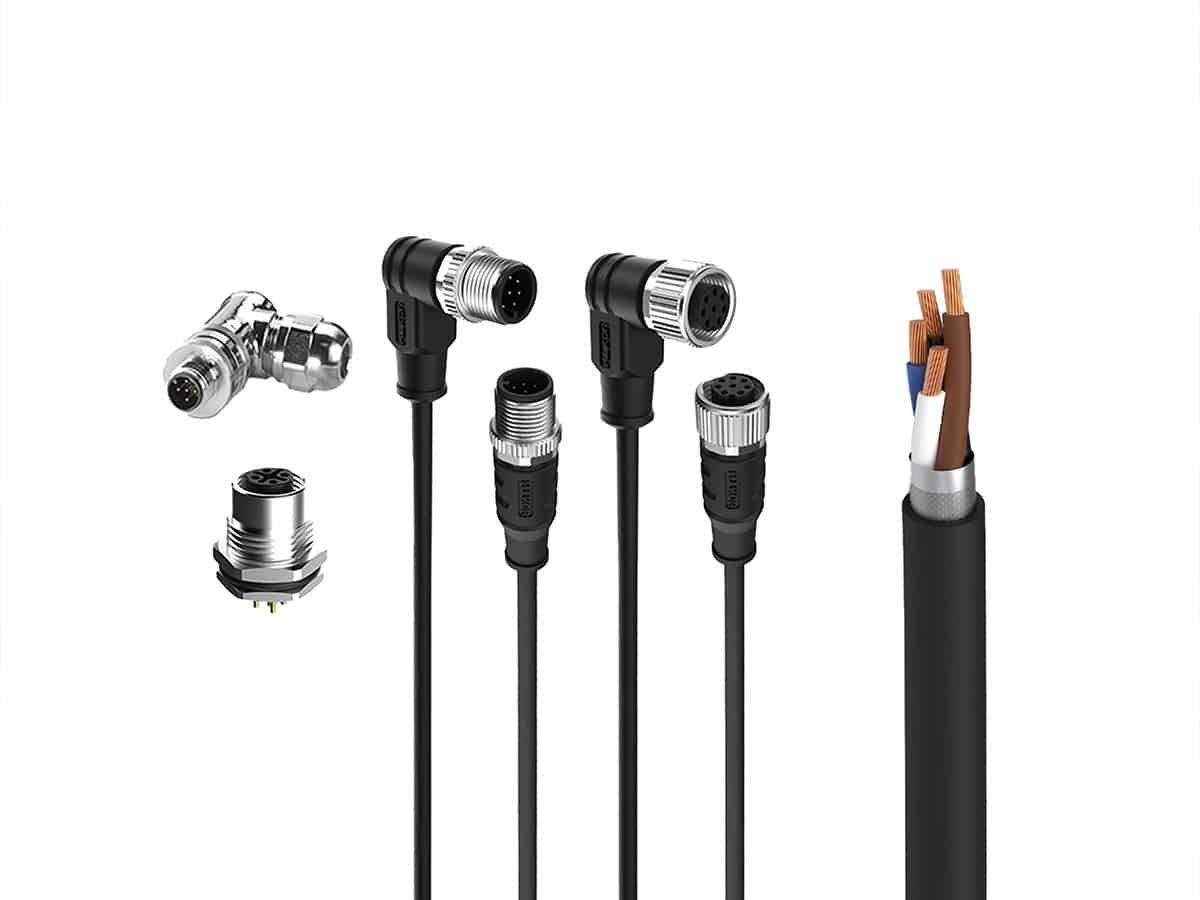 Hulk Cable industrial circular connectors with T-splitter, right-angle and straight plugs, panel-mount socket, and cross-section of black shielded cable showing copper conductors and braided shielding for IP67/IP68-rated automation systems