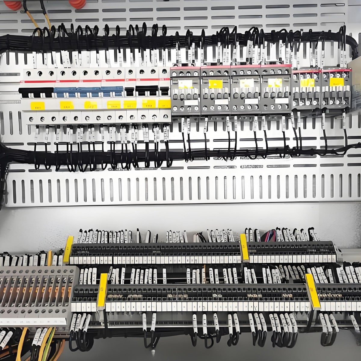 Hulk Cable standardized secondary wiring system inside industrial distribution cabinet, featuring neatly routed black control cables with white number tubes and yellow functional labels connecting circuit breakers, relays, and terminal blocks for efficient maintenance and troubleshooting
