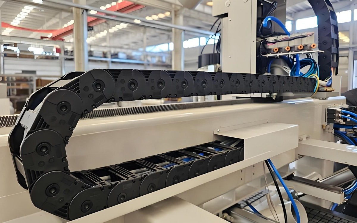 Hulk Cable engineering plastic drag chain system protecting cables and pneumatic tubes in automated machinery, featuring silent high-speed movement and durable construction for industrial applications