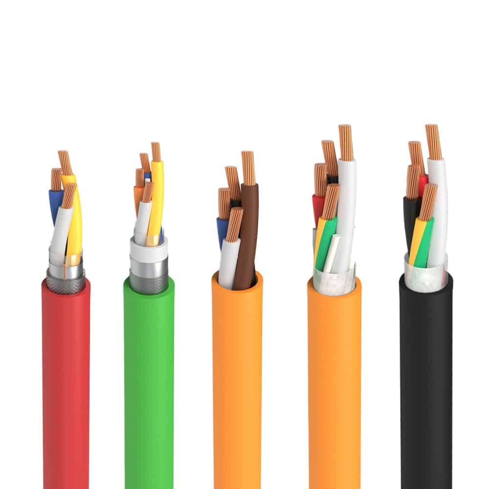 Hulk Cable product lineup showing five industrial flexible cables with different colored outer sheaths (red, green, orange, black) and visible internal structures including copper conductors, insulation layers, and shielding, highlighting customization for high-flex, EMI-resistant, and safety-compliant applications