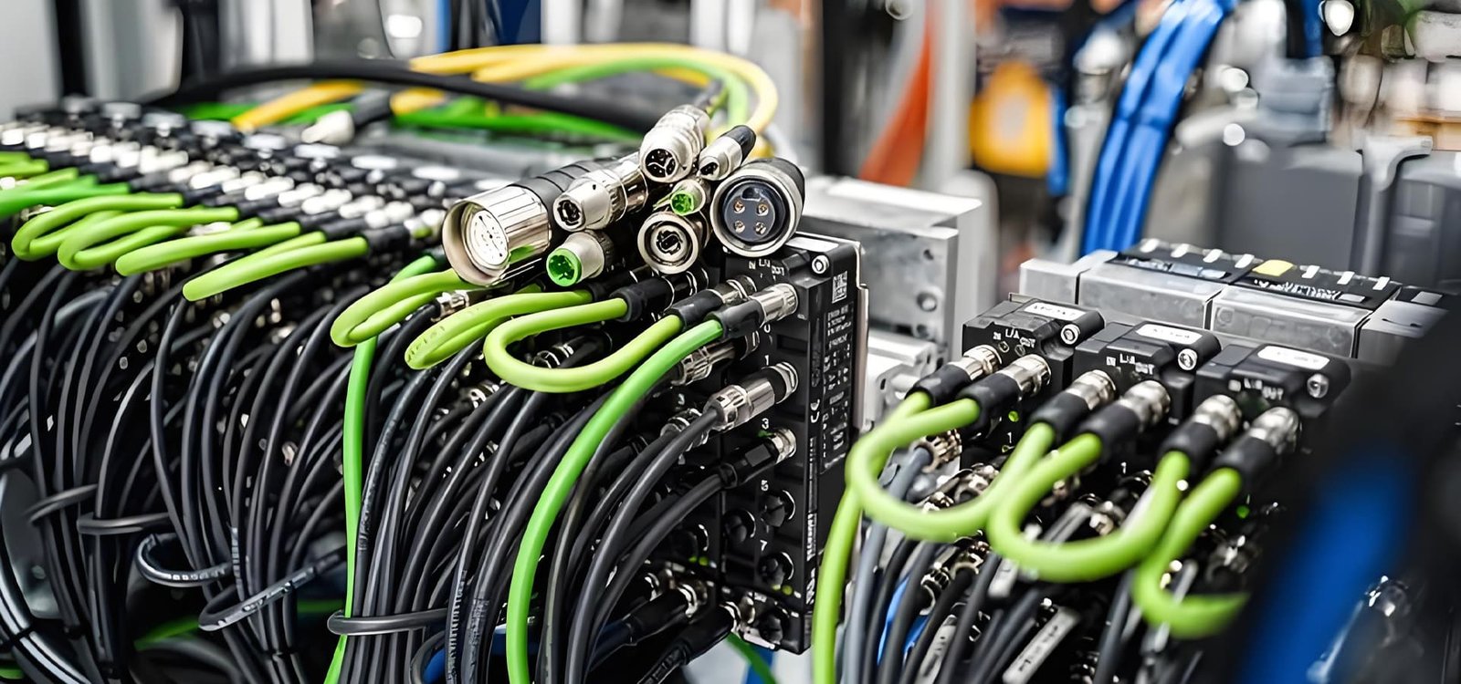 Hulk Cable high-density circular connector wiring inside industrial control cabinet, featuring black and green shielded cables plugged into modular I/O terminals with coded metal connectors for reliable signal transmission under vibration and oil exposure