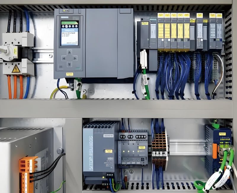 Hulk Cable industrial Ethernet and shielded signal wiring connecting Siemens S7-1500 CPU and ET200SP distributed I/O modules in automation cabinet, ensuring stable Profinet communication and high EMC performance