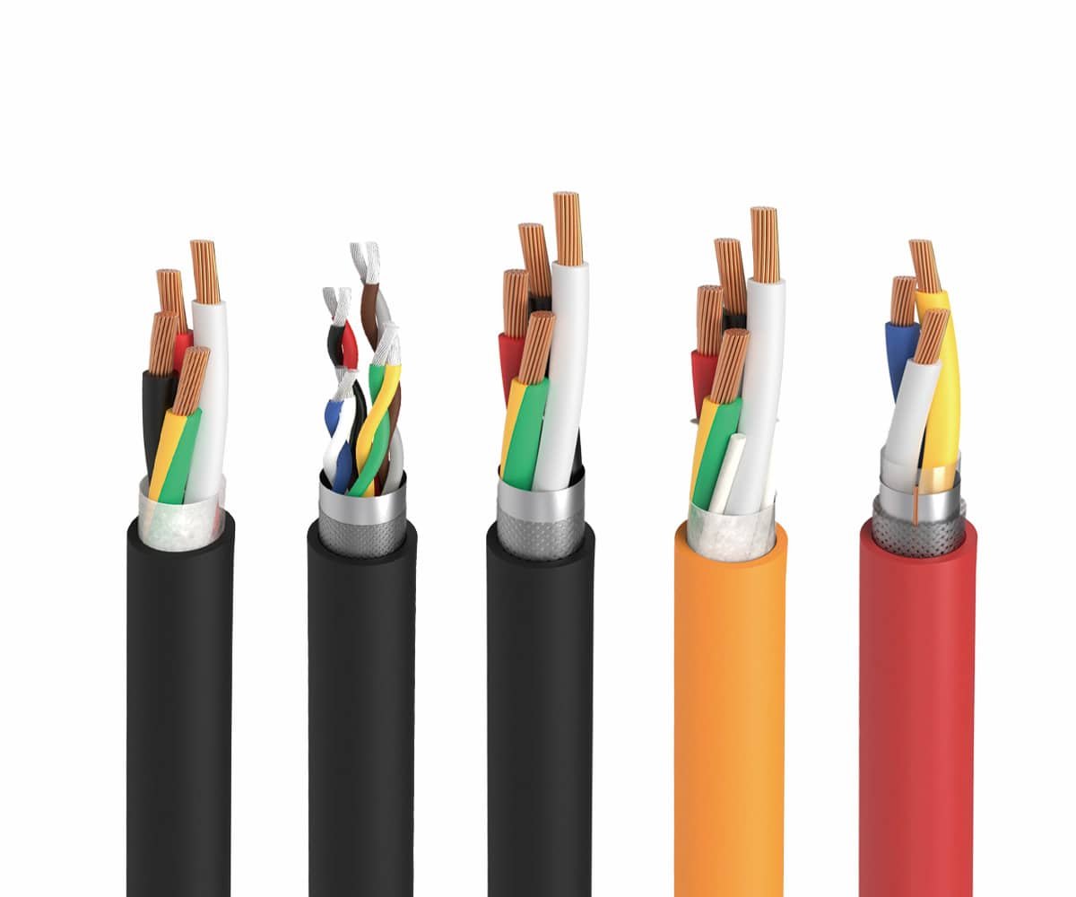 Hulk Cable cross-section comparison of industrial shielded cables showing varied conductor layouts, shielding types (braided/foil), and outer jacket colors for servo, bus, and power applications