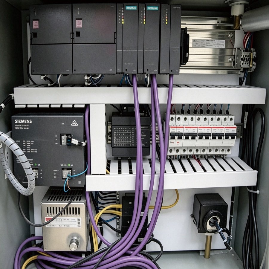 Hulk Cable purple shielded communication cables connecting Siemens S7-300 PLC modules to drives and power supplies in industrial control cabinet, routed through cable trays for EMI suppression and easy maintenance in automation systems