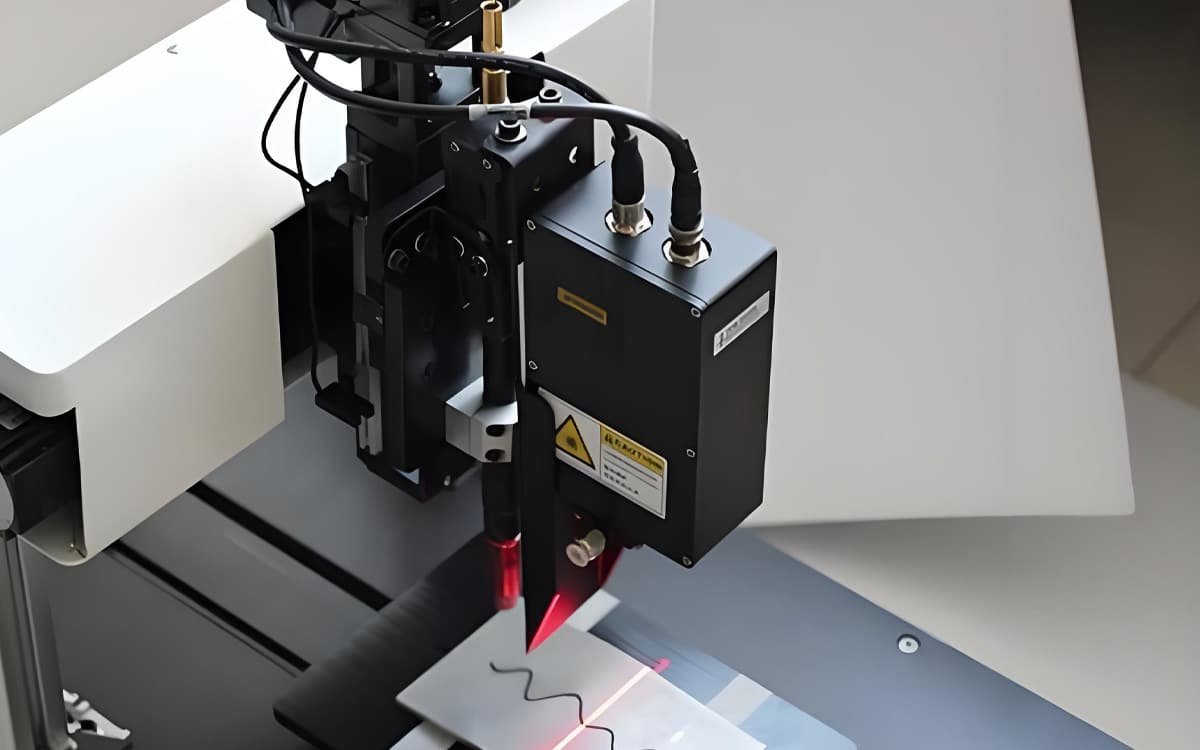 Hulk Cable high-interference-resistant cabling solution for laser welding head precision sensing system, featuring black shielded cables routed along welding head body for stable signal and power transmission under strong electromagnetic radiation and high-frequency pulse environments