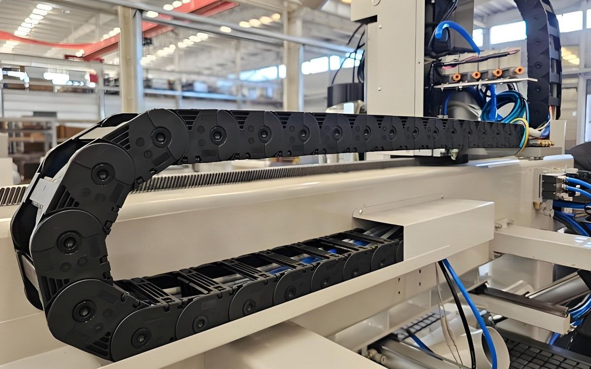 Hulk Cable high-flex integrated cabling solution for automated equipment linear slide system, featuring blue and black flexible cables routed inside black engineering plastic drag chain for stable power and signal transmission during high-frequency reciprocating movement