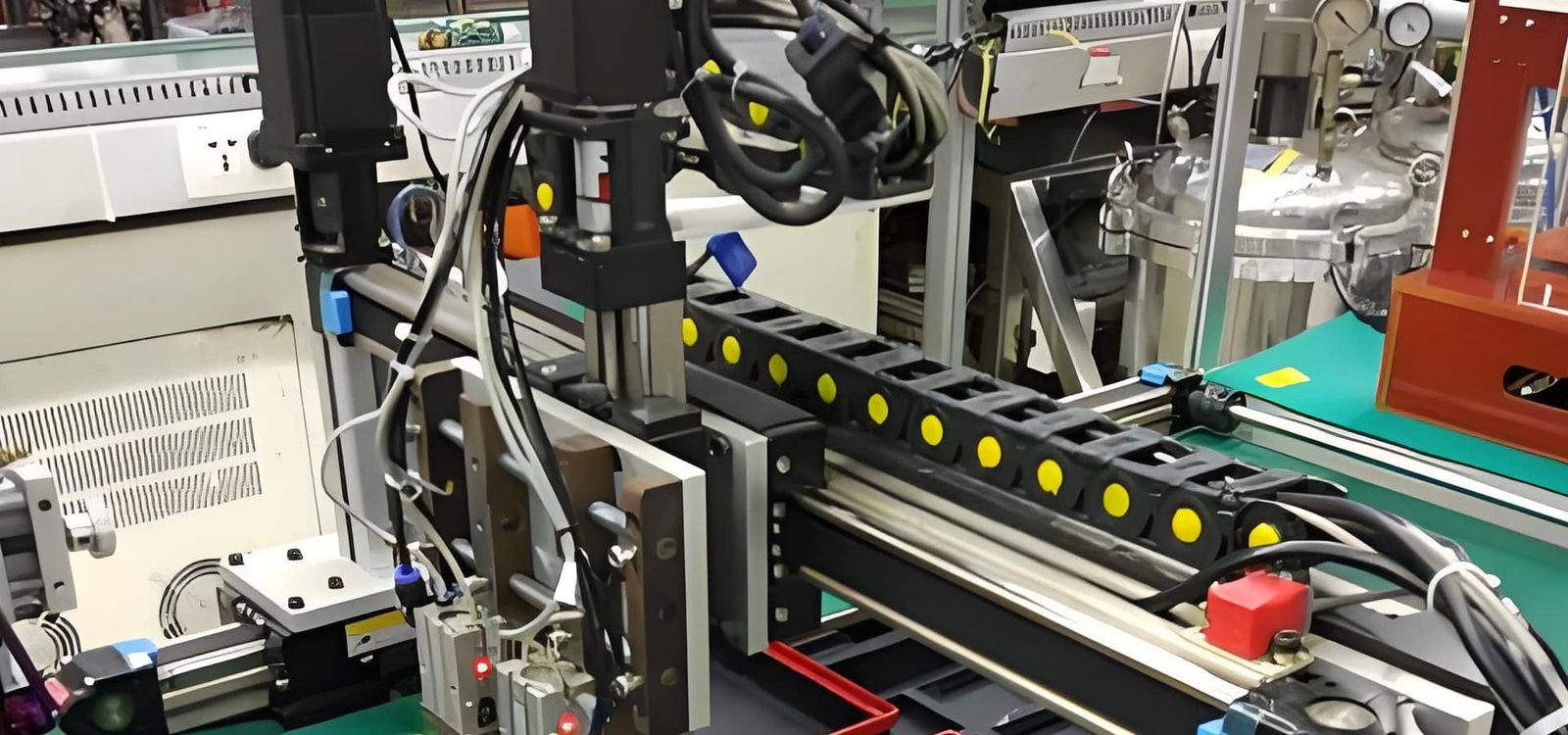Hulk Cable high-flex cabling solution for linear slide module and robotic arm in automation line, featuring cables routed inside black drag chain for stable power and signal transmission under high-frequency motion and oil exposure