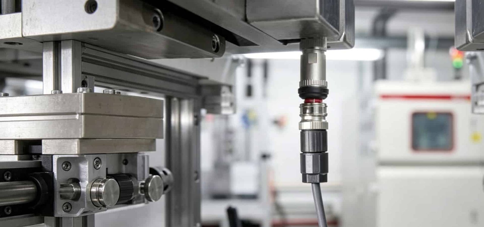Hulk Cable M12 push-pull connector mounted on aluminum frame in automation equipment, featuring sealed metal housing and gray cable for reliable sensor and actuator connection under vibration, oil, and dust exposure