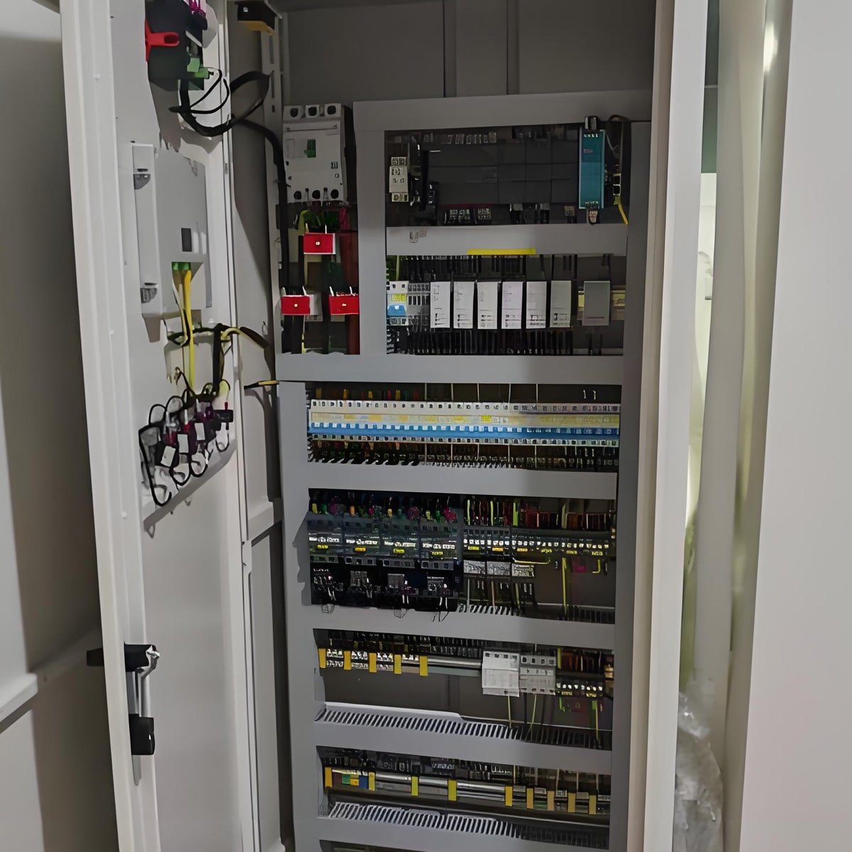 Hulk Cable integrated wiring solution inside industrial PLC control cabinet, featuring organized routing of shielded signal cables, power lines, and grounding wires connecting PLC modules, relays, and terminal blocks for stable automation system operation