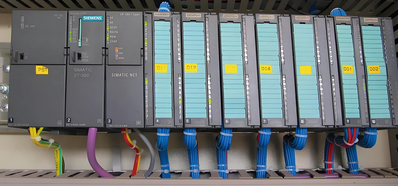 Hulk Cable integrated wiring system inside Siemens PLC control cabinet, featuring color-coded and bundled cables for digital I/O, analog signals and power distribution in industrial automation applications