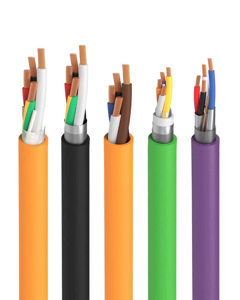 Cross-sectional view of five Hulk industrial cables with different colored outer jackets and internal conductor-shield configurations, showcasing customizable designs for servo power, data communication, and bus control applications