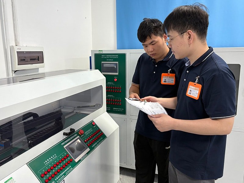 Two technicians in lab coats reviewing test data on a clipboard beside a green-panelled cable testing machine, demonstrating Hulk Cable’s rigorous quality control process in a professional laboratory setting