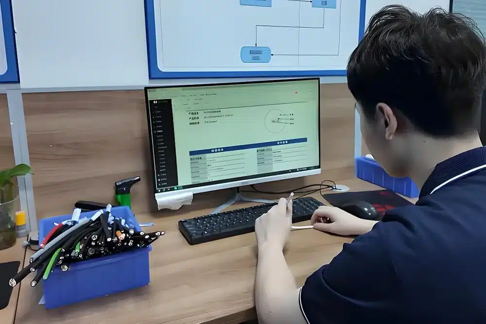 Hulk Cable engineer designing cable structure on computer with sample cables in blue bin, focusing on R&D and custom specification analysis in technical office