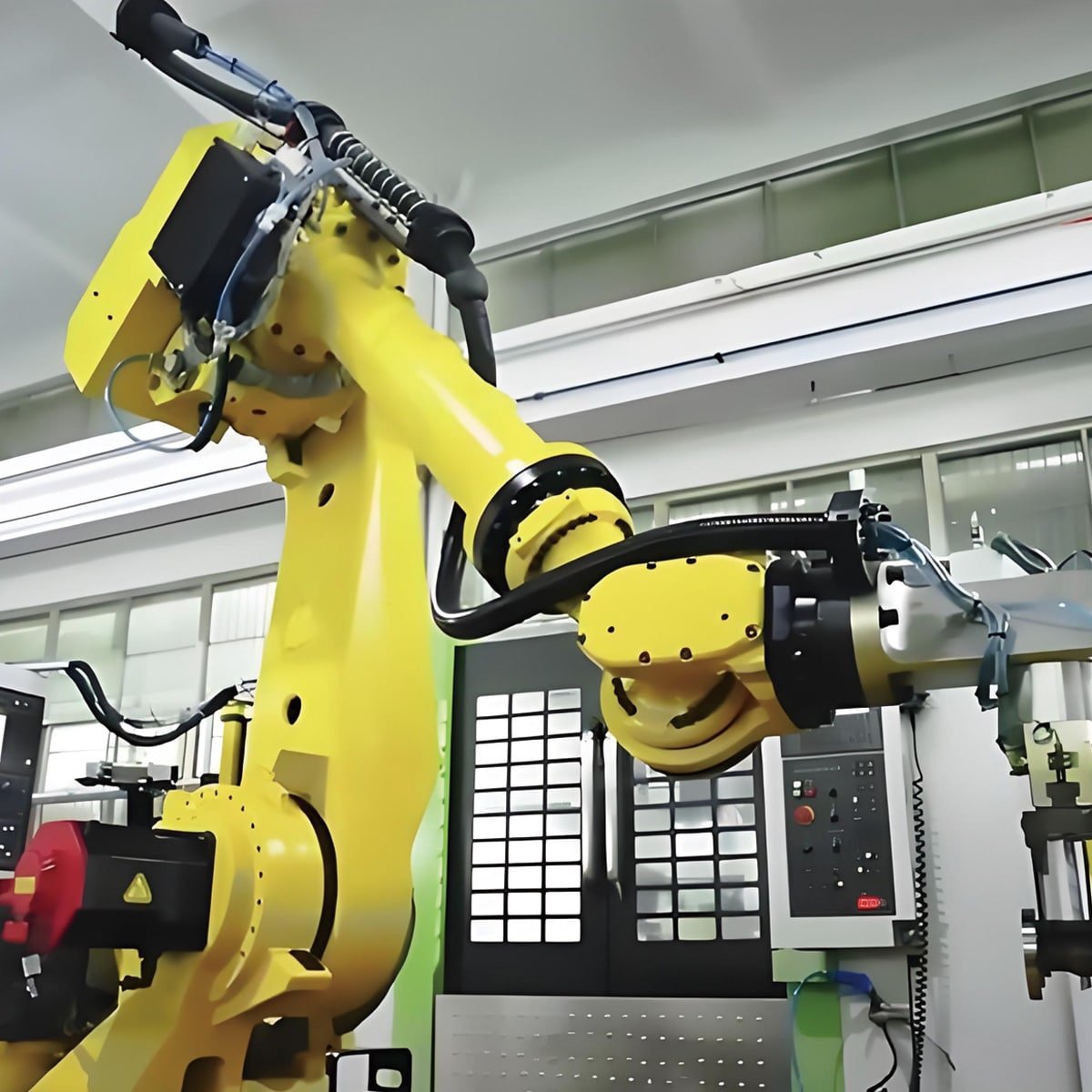 Hulk Cable high-dynamic cabling solution installed on yellow six-axis industrial robot arm, featuring black corrugated conduit-wrapped cables routed along joint axes for uninterrupted power and data transmission during high-speed pick-and-place, palletizing, or welding operations