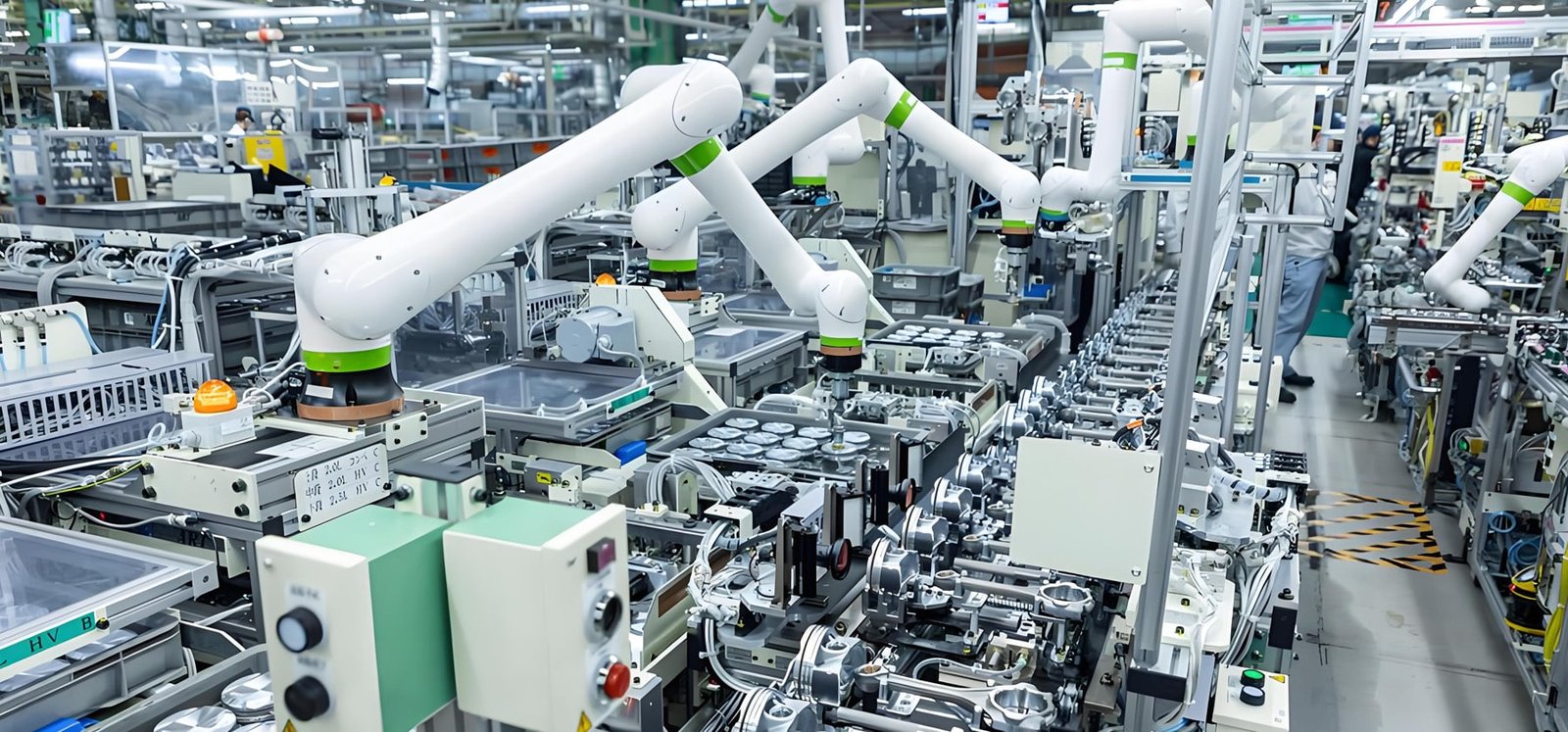 Hulk Cable dynamic cabling solution for collaborative robot assembly line, featuring flexible black and gray cables routed along robotic arms for stable servo and encoder signal transmission in high-frequency motion environments
