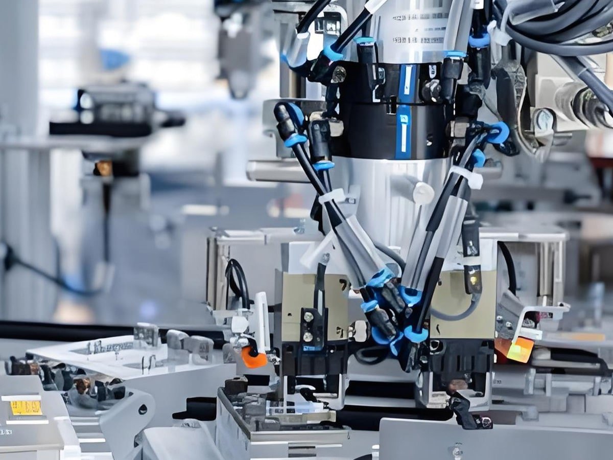 Hulk Cable robotic arm cabling solution with black multi-core composite cables routed through blue clip-on cable guides along joint axes, ensuring EMI-free signal transmission and mechanical durability under high-frequency rotation and oil exposure