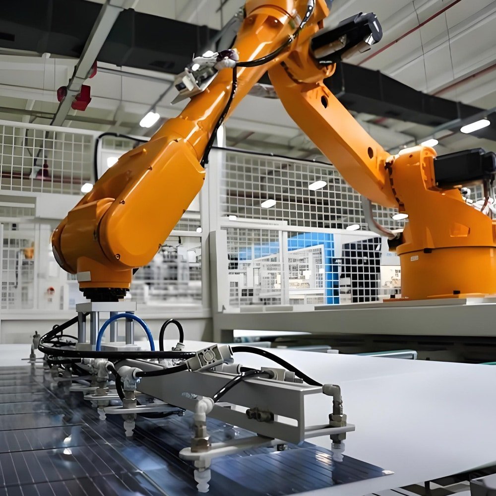 Hulk Cable high-flex cabling solution for industrial robots in photovoltaic module automation line, featuring black and blue shielded cables routed along robotic arms for stable power and signal transmission under high-frequency motion and multi-axis coordination