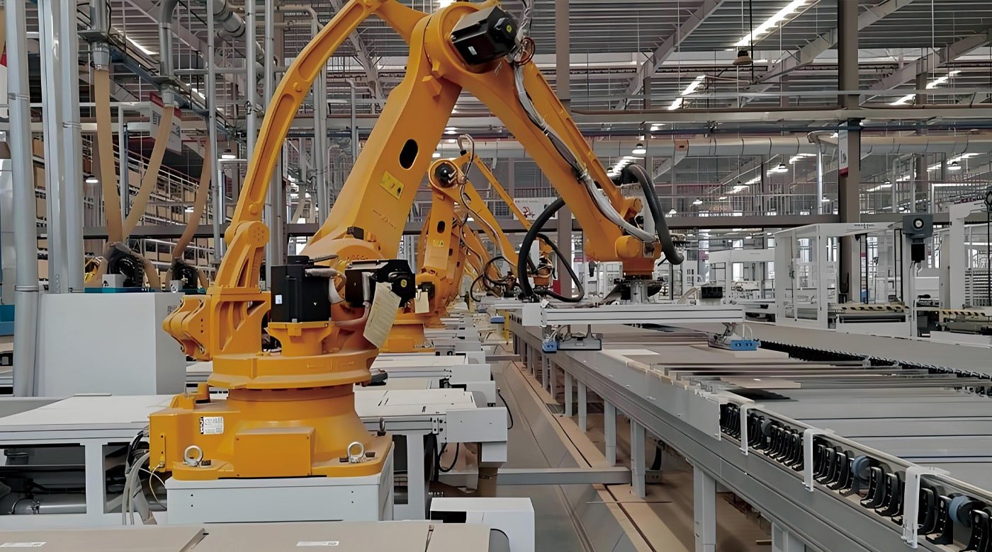Hulk Cable smart factory with multi-joint industrial robots performing automated material handling and assembly tasks, demonstrating flexible manufacturing and high-precision production for industrial cables