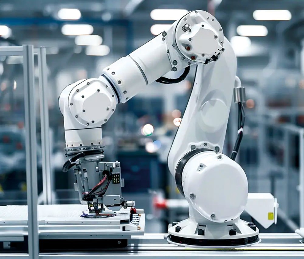 Hulk Cable robotic arm application scene showing integrated cable routing within white multi-joint industrial robot, demonstrating high-flex, shielded cable solutions for precision automation and servo systems