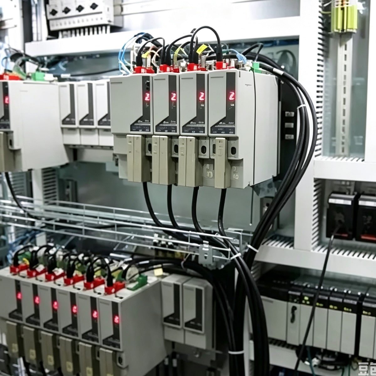 Hulk Cable high-density power and signal cabling solution for multi-axis servo drive cluster, featuring black shielded cables with red terminal connections and organized routing in metal cable trays for synchronized motion control in industrial automation