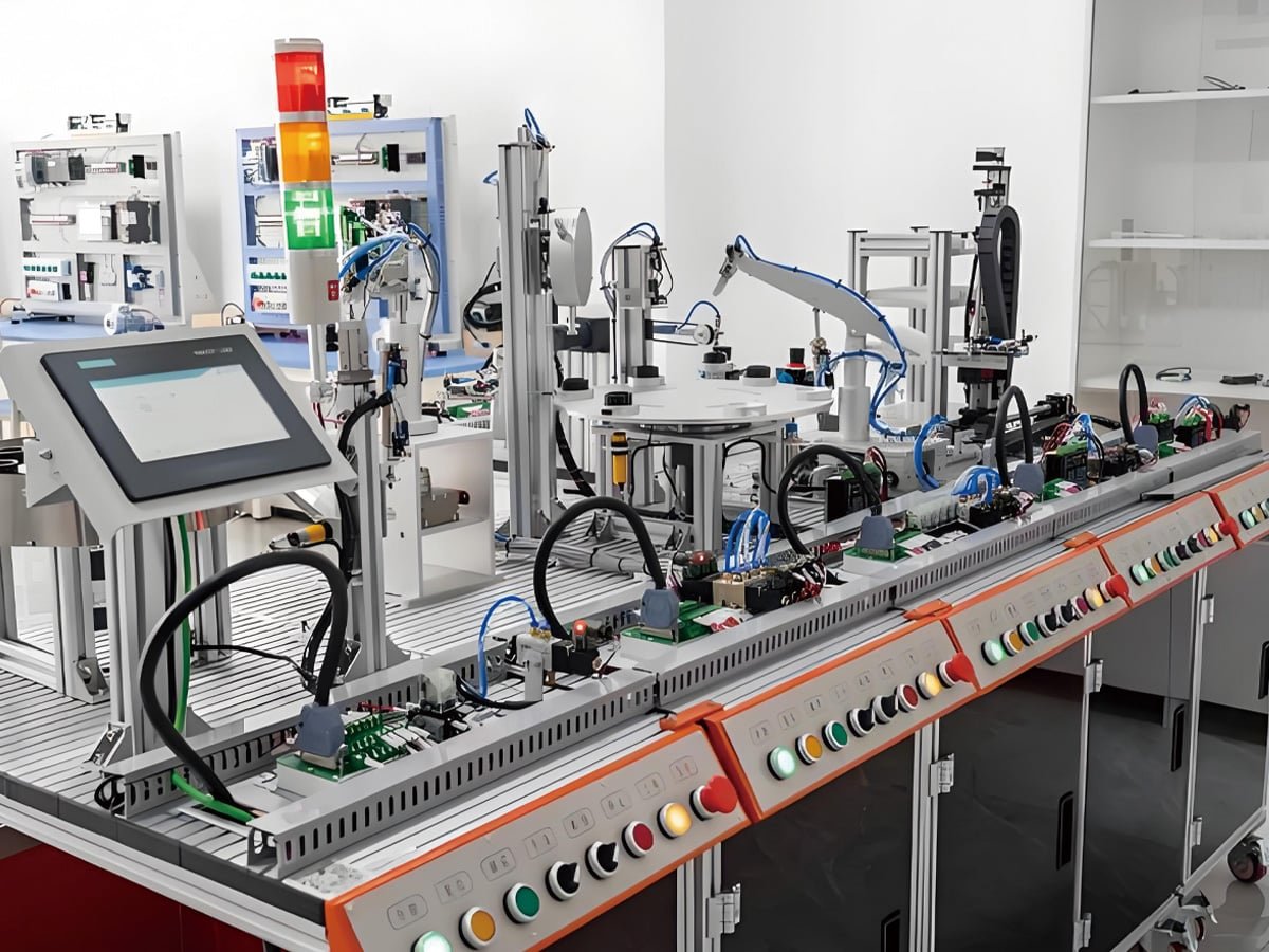 Hulk Cable integrated automation production line featuring robotic arms, conveyor belts, PLC modules, and HMI touchscreens interconnected with black corrugated conduit-protected cables, demonstrating reliable signal and power transmission in high-precision manufacturing environments