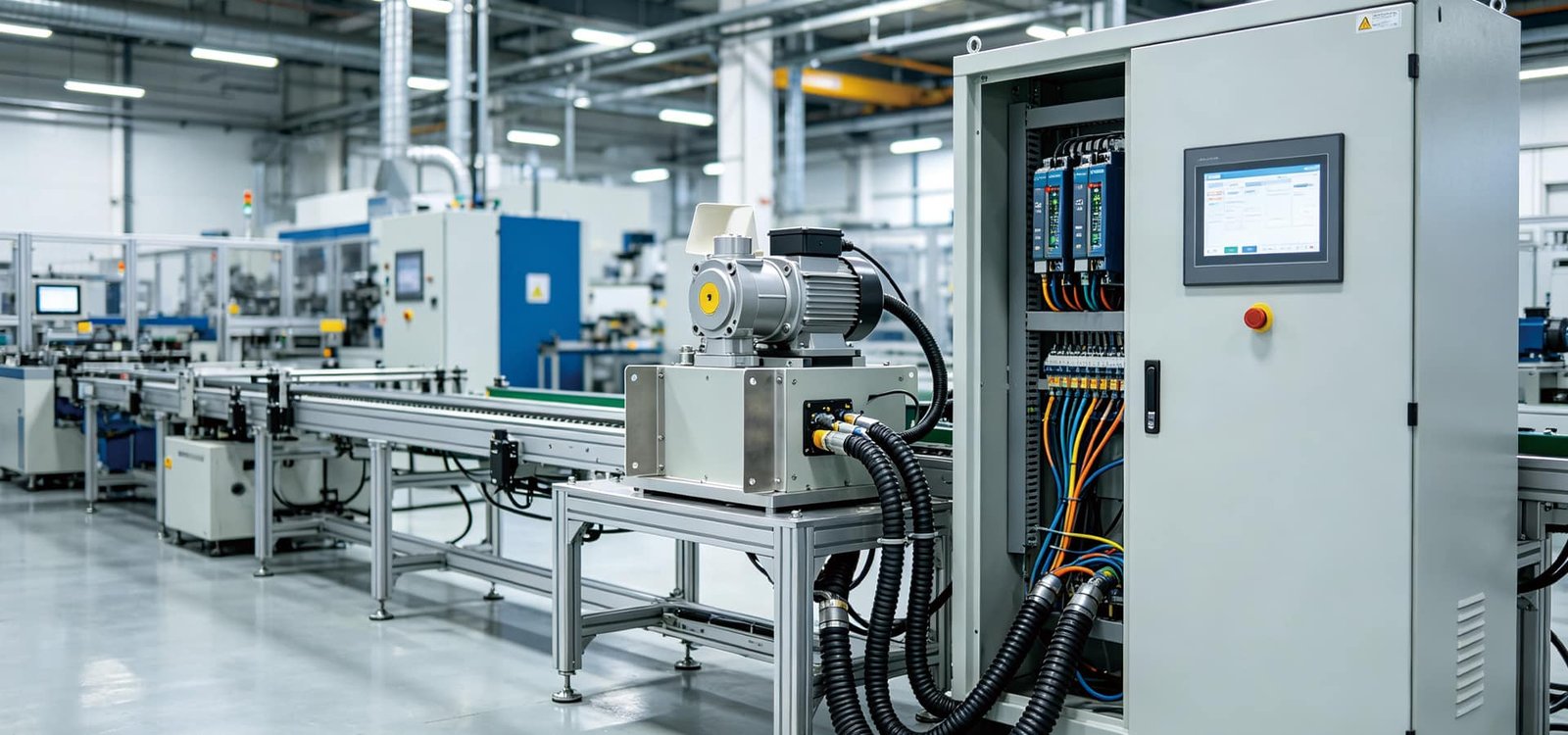 Hulk Cable smart factory interior featuring automated production lines with servo-driven machinery and HMI control panels, showcasing Industry 4.0 manufacturing precision and scalable output for industrial cables