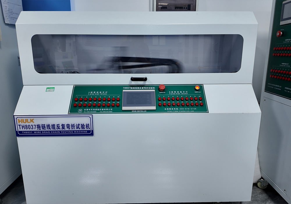 Hulk Cable TH8037 wire drag chain testing machine with dual 10-channel break indicators and central controller, validating high-flex cable durability under repeated bending cycles for industrial automation