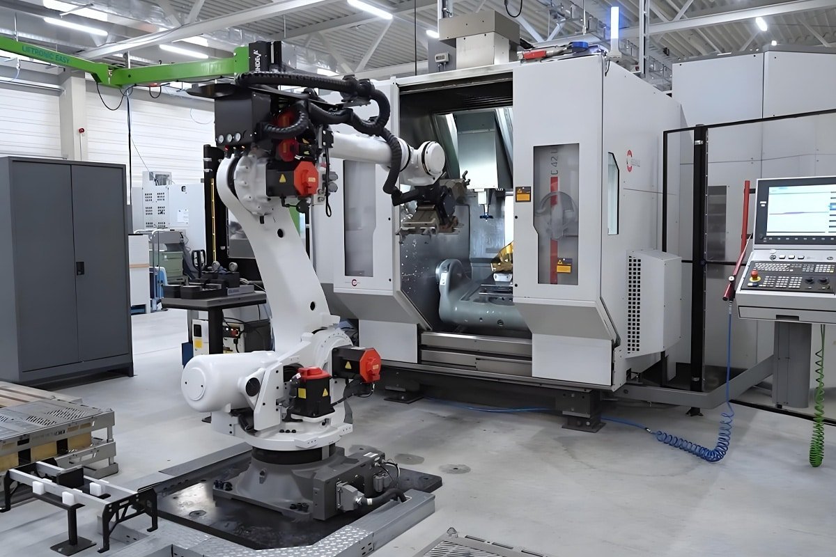 White collaborative robot arm connected via black corrugated Hulk cables to a large 5-axis CNC machine, demonstrating high-dynamic cabling for precision machining in advanced manufacturing environments