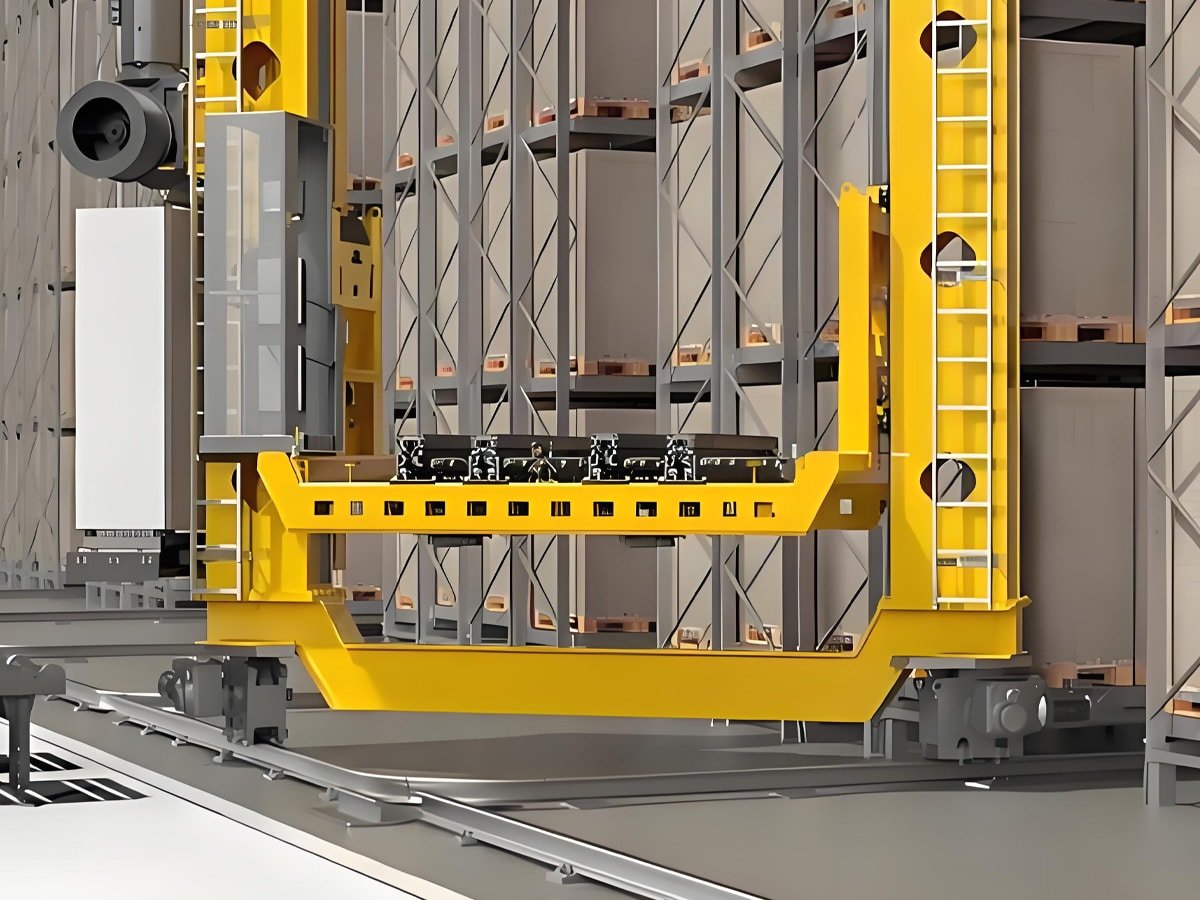 Yellow automated stacker crane operating in high-bay warehouse aisle, powered and controlled by Hulk cables for reliable power and data transmission in precision vertical lifting applications