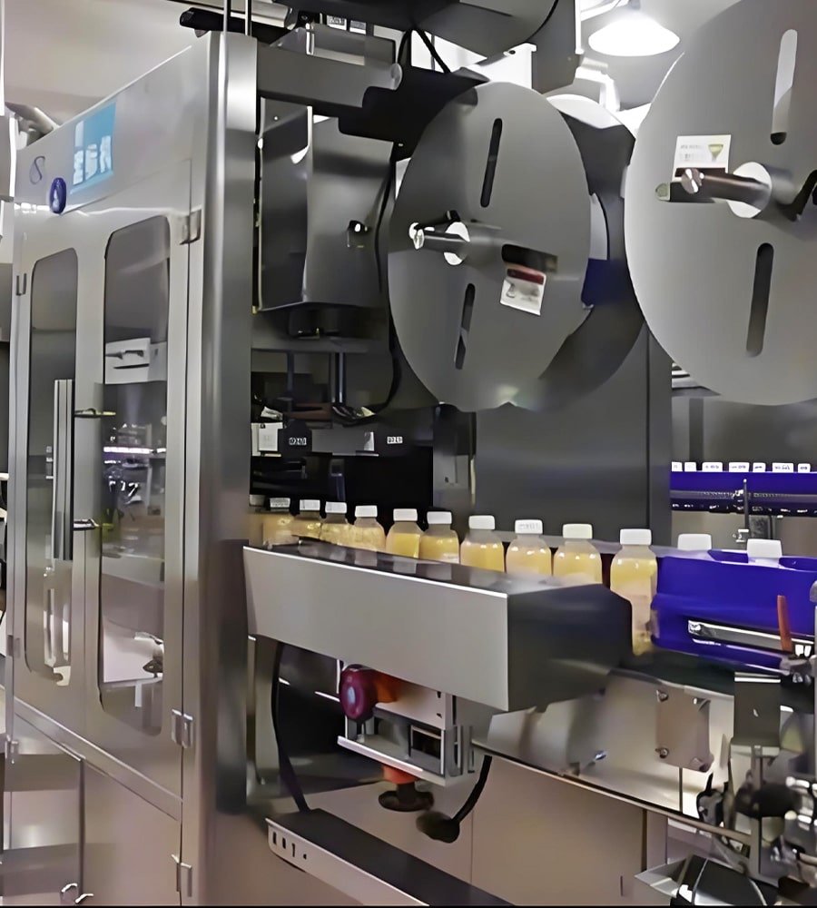 Hulk Cable installed in a high-speed beverage bottling and labeling machine, showing flexible cabling within stainless steel automation equipment handling yellow liquid bottles, demonstrating resistance to moisture and dynamic movement