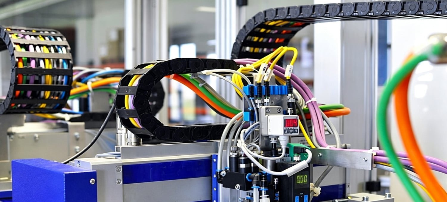 Colorful Hulk cables routed inside black engineering plastic drag chains on automated machinery, demonstrating high-flex, multi-core cabling for dynamic motion systems in industrial automation environments