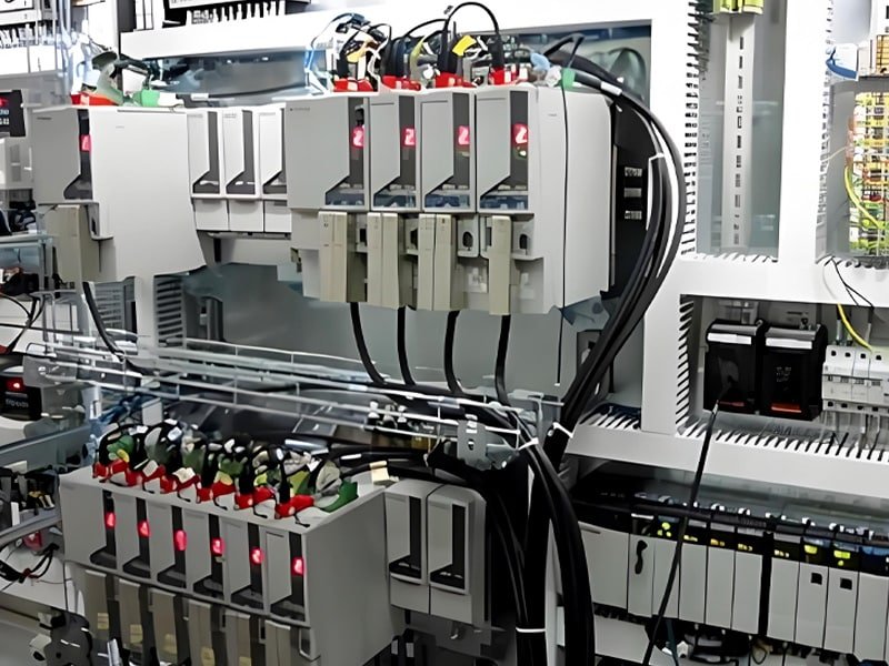 Industrial control cabinet with white drive modules connected by thick black Hulk cables to terminal blocks, demonstrating high-integration wiring for fieldbus systems in automation applications