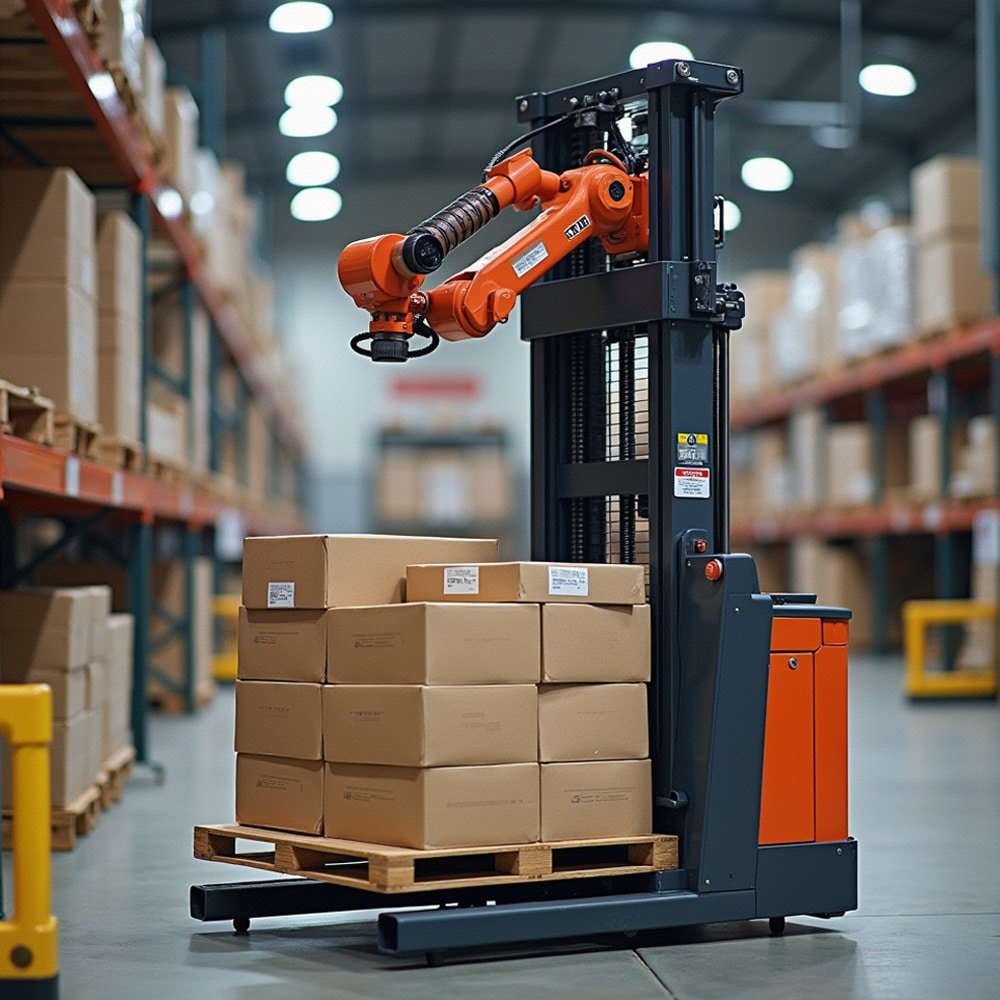 Orange robotic arm mounted on AGV forklift lifting stacked cardboard boxes in warehouse, powered and controlled by Hulk cables for reliable power and data transmission in heavy-duty logistics automation