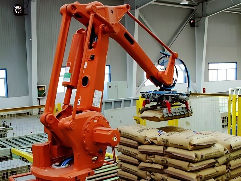 Heavy-duty orange palletizing robot lifting a tray of sacks, with blue and black Hulk cables routed along its joints and base, demonstrating high-load durability and reliable power/signal transmission in industrial material handling applications