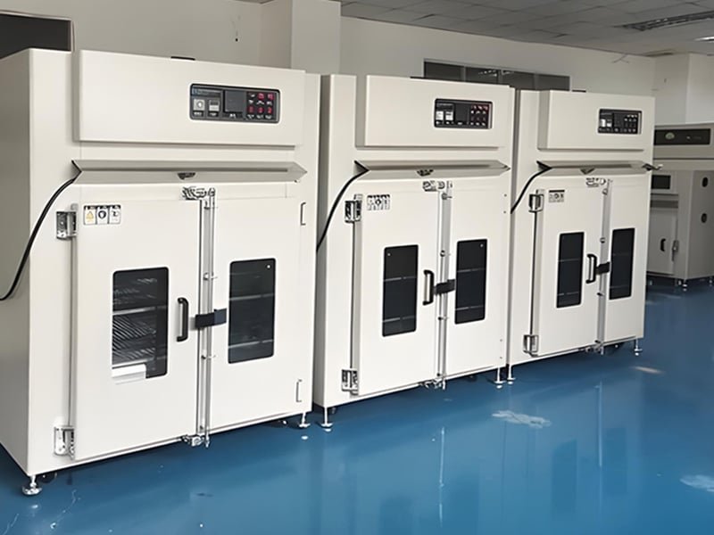 Three large white industrial ovens in a clean workshop, each connected with black Hulk cables for power and control, demonstrating heat-resistant cabling for high-temperature aging test equipment in precision manufacturing environments
