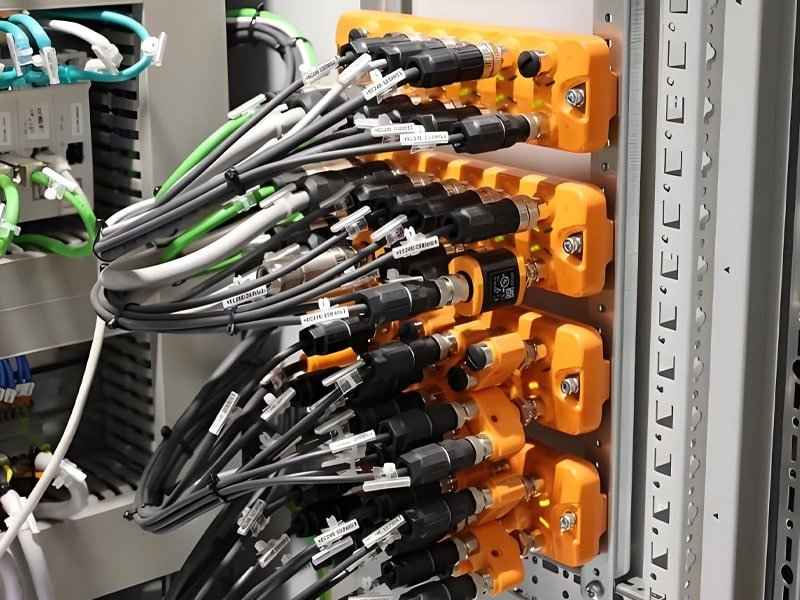 Orange IO-Link modules mounted in control cabinet with multiple labeled gray, white, and green Hulk cables connected via standardized plugs, demonstrating high-density, intelligent wiring for industrial sensor networks and smart factory diagnostics