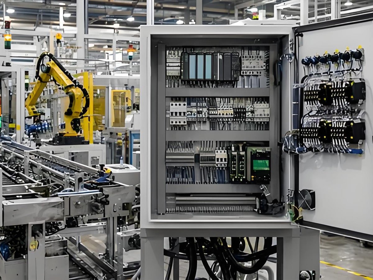 Open industrial control cabinet featuring organized wiring with Hulk cables connecting PLC modules and circuit breakers, set against a background of yellow robotic arms on an automated assembly line, highlighting reliable signal transmission and power distribution in smart manufacturing systems
