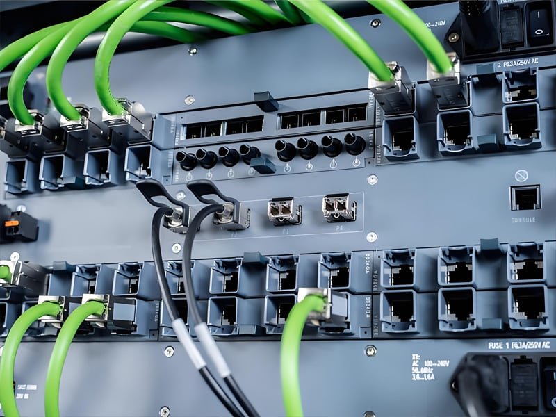 Green Ethernet cables plugged into industrial switch ports with black power cables nearby, demonstrating Hulk Cable’s role in high-speed, reliable data transmission for industrial network infrastructure