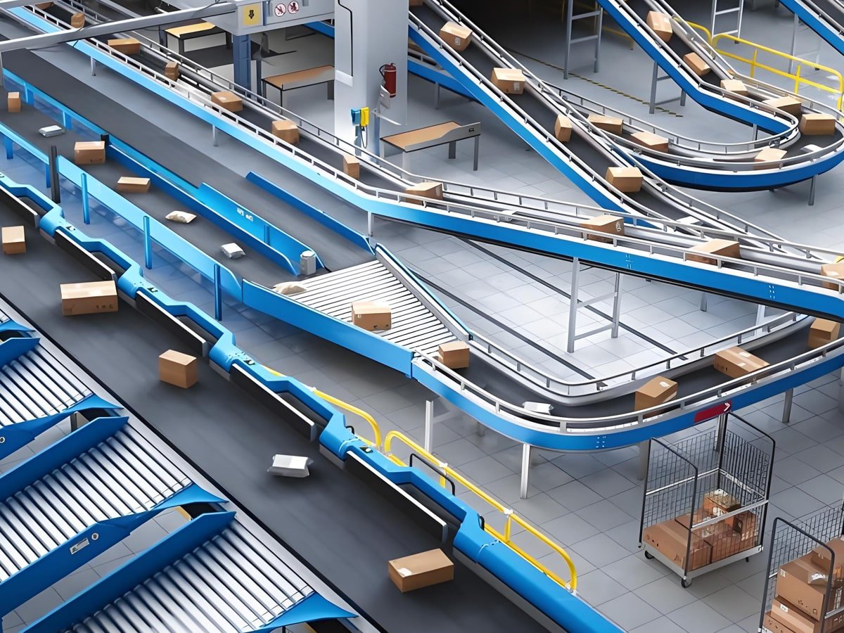 Multi-level automated sorting system with blue conveyor belts and yellow safety railings, powered and controlled by Hulk cables for reliable power and data transmission in high-throughput e-commerce logistics hubs