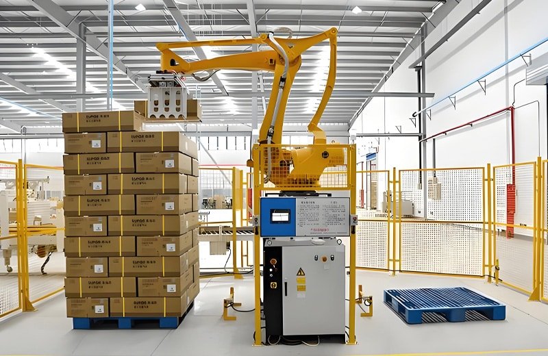 Hulk Cable installed in an automated palletizing robot workstation, showing dynamic cabling along yellow robotic arm joints and base, demonstrating high-flex and torsion-resistant performance for continuous stacking operations