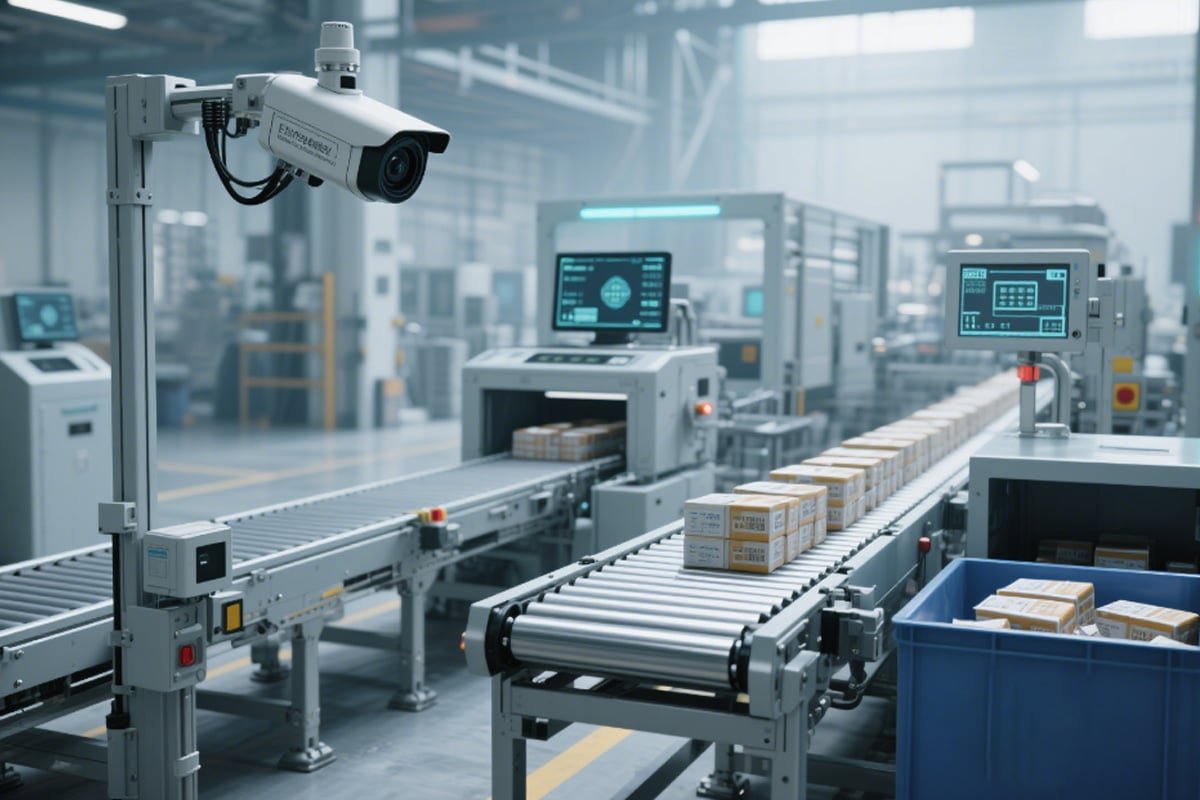 Industrial camera mounted above conveyor belt with cardboard boxes, connected via black Hulk cable to control system, demonstrating high-speed vision data transmission for smart sorting in automated logistics environments