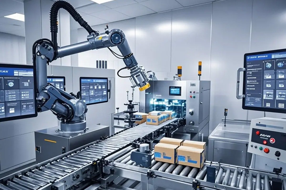 Robotic arm with black corrugated Hulk cable moving over conveyor belt with cardboard boxes, demonstrating flexible, high-durability cabling for dynamic automation in smart packaging lines
