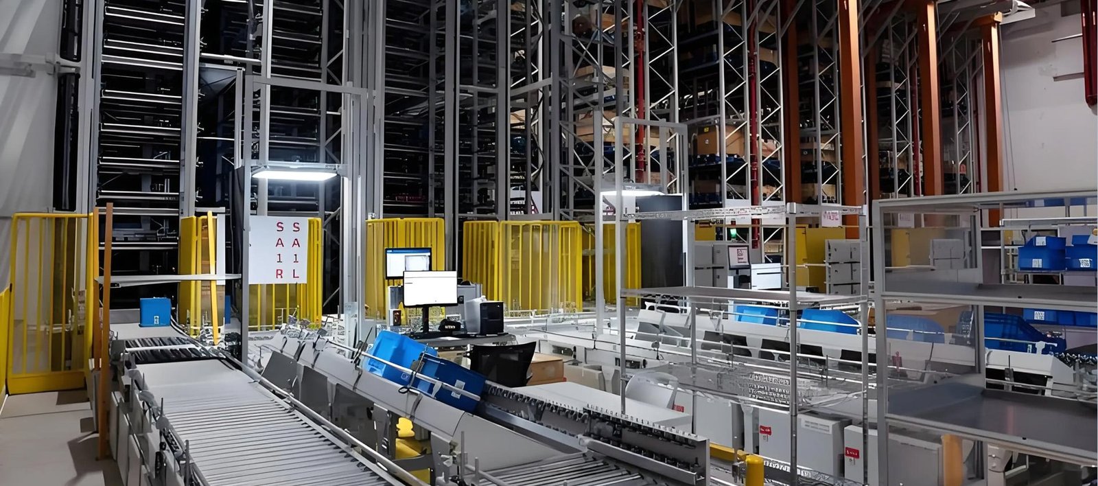 Automated warehouse with multi-level shelving, conveyor systems, and workstations, powered and controlled by Hulk cables for reliable power and data transmission in high-density logistics environments