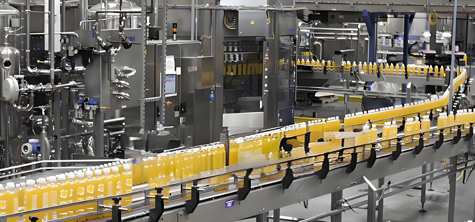 Hulk Cable application in food & beverage production line showing yellow bottles moving on stainless steel conveyor with automated filling and capping machinery, highlighting cable durability against moisture, oils, and high-frequency motion