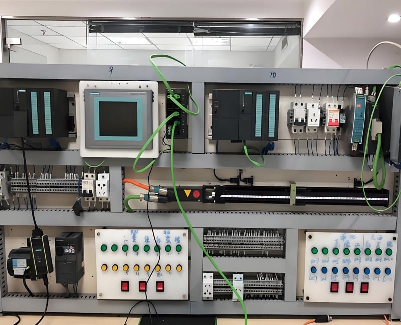 Hulk Cable installed inside industrial control cabinet with PLC, HMI, and terminal blocks, showcasing organized routing of green signal and orange power cables for reliable automation system integration